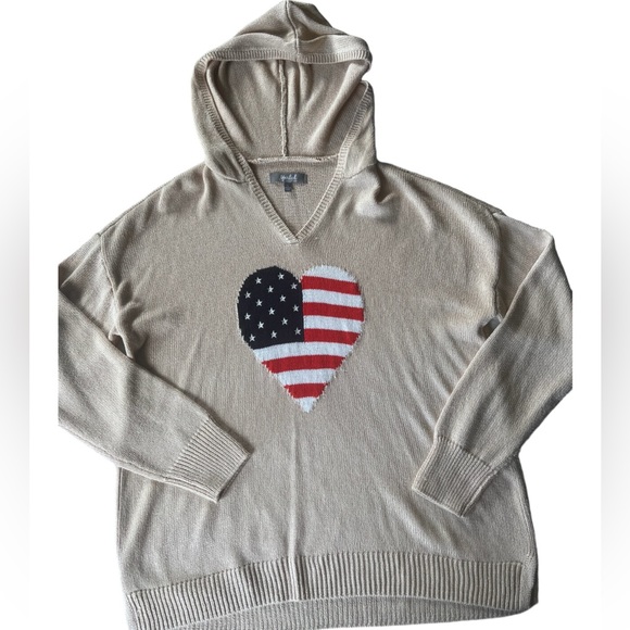 Marled Reunited Tan Hoodie Long Sleeve Sweater w/ US Flag Heart Size XL - Picture 4 of 7